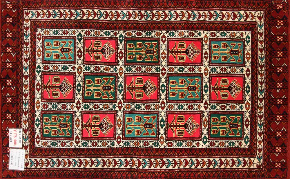 手織りペルシャ絨毯トルケマン産ウール玄関マット58584、サイズ：125x82ｃｍ（フサ含まず)