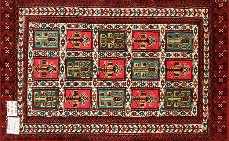 手織りペルシャ絨毯トルケマン産ウール玄関マット58584、サイズ：125x82ｃｍ（フサ含まず)