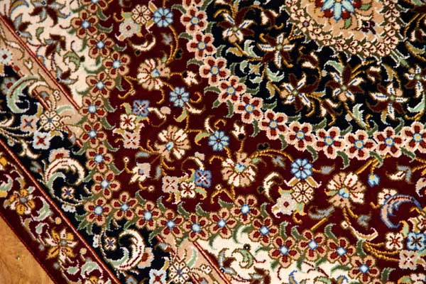 クム産地シルク100％玄関マットメダリオンデザイン、ペルシャ絨毯49038、サイズ：95x60 CM