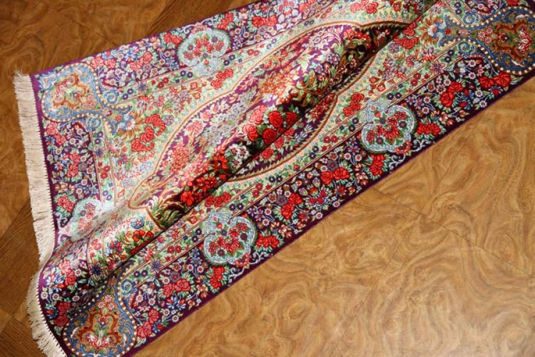 花模様シルク手織りペルシャ絨毯、玄関マットサイズ56049、サイズ： 89x60 CM