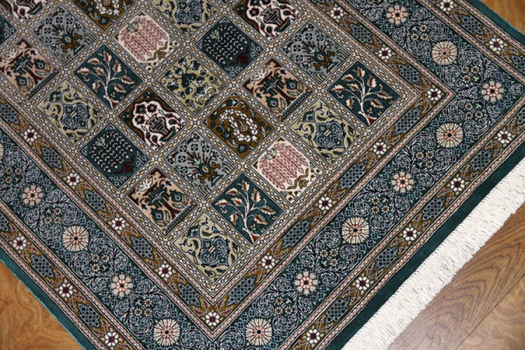 グリーン色のヘシティーデザイン絹玄関マットのペルシャ絨毯56068、サイズ：121x78ｃｍ（フサ含まず）