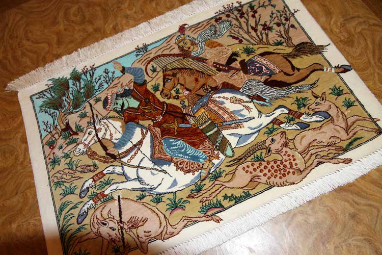 ハンティングデザイン小さい手織りペルシャ50010、サイズ：61x40ｃｍ