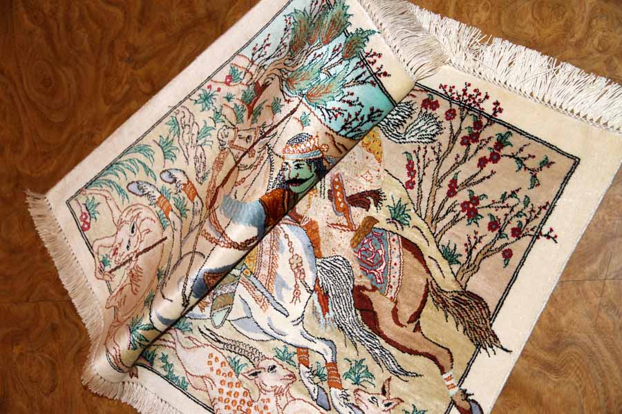 ハンティングデザイン小さい手織りペルシャ50010、サイズ：61x40ｃｍ