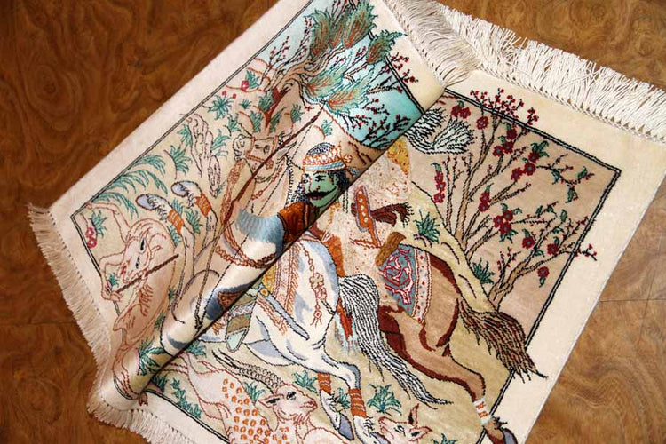 ハンティングデザイン小さい手織りペルシャ50010、サイズ：61x40ｃｍ