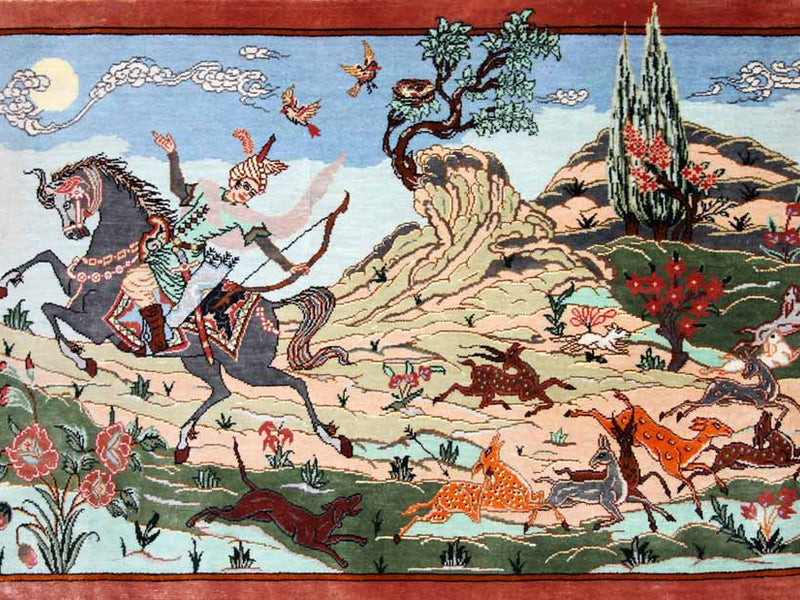 クムシルクのハンティングデザインペルシャ絨毯50013、サイズ：58x40 CM