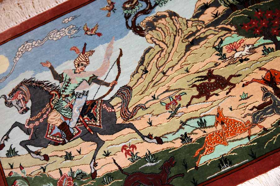 クムシルクのハンティングデザインペルシャ絨毯50013、サイズ：58x40 CM