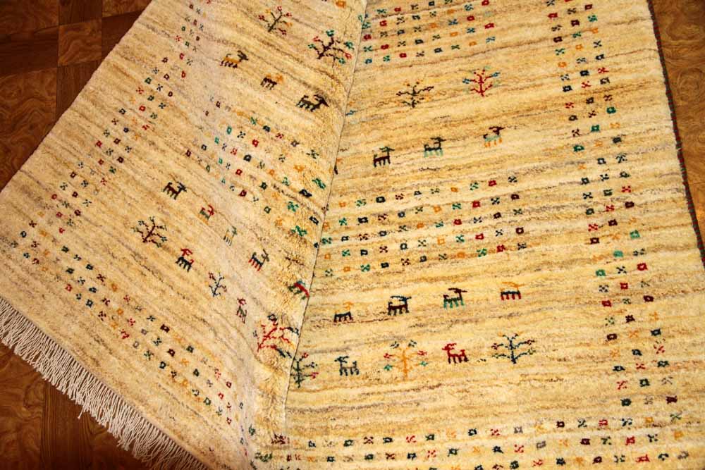 高品質のイラン製ギャッベ、メリノウールペルシャ18316、サイズ：203x156cm（フサ含まず）