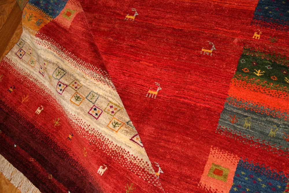 高品質イラン製赤いギャッベ手織りペルシャリビングギャッベ192197、サイズ：245x175 CM (フサ含まず）