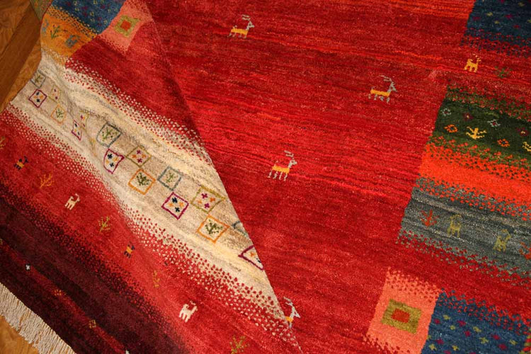 高品質イラン製赤いギャッベ手織りペルシャリビングギャッベ192197、サイズ：245x175 CM (フサ含まず）