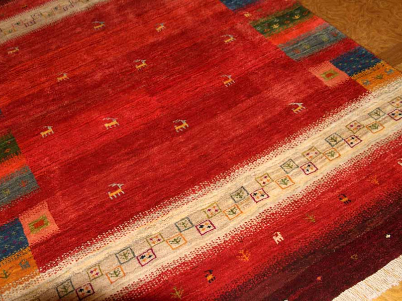 高品質イラン製赤いギャッベ手織りペルシャリビングギャッベ192197、サイズ：245x175 CM (フサ含まず）