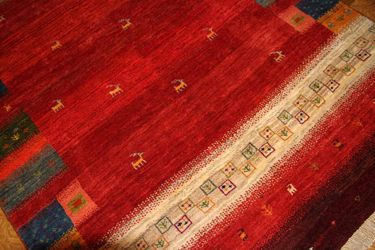 高品質イラン製赤いギャッベ手織りペルシャリビングギャッベ192197、サイズ：245x175 CM (フサ含まず）