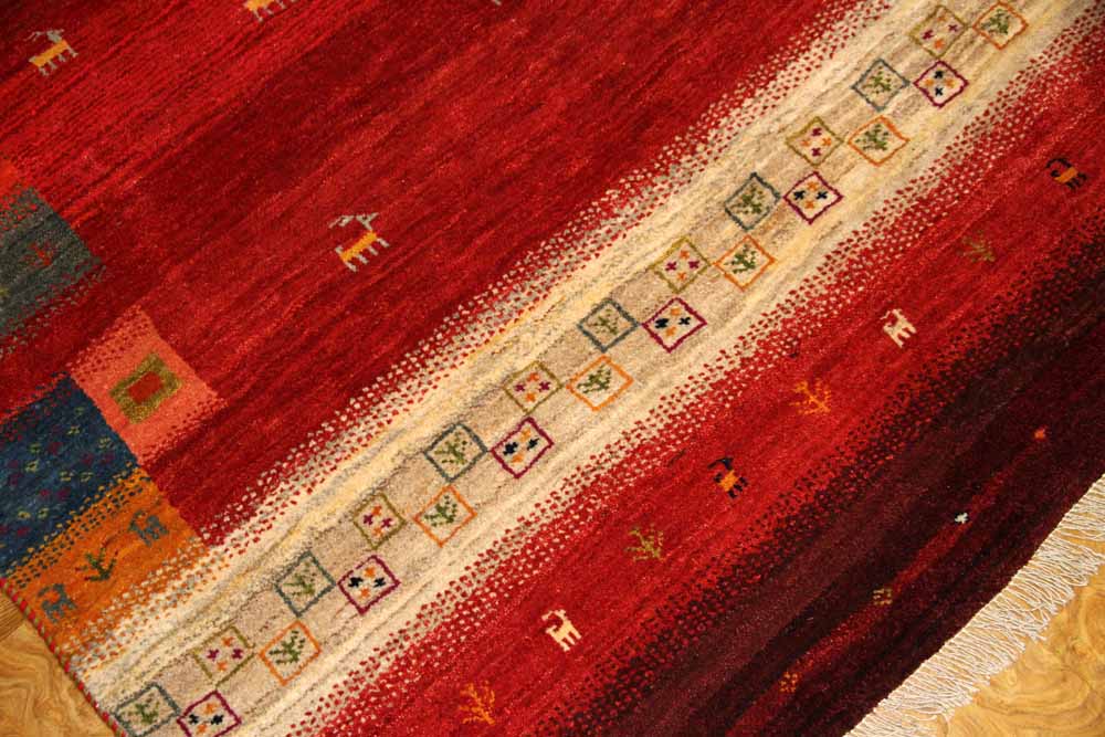 高品質イラン製赤いギャッベ手織りペルシャリビングギャッベ192197、サイズ：245x175 CM (フサ含まず）