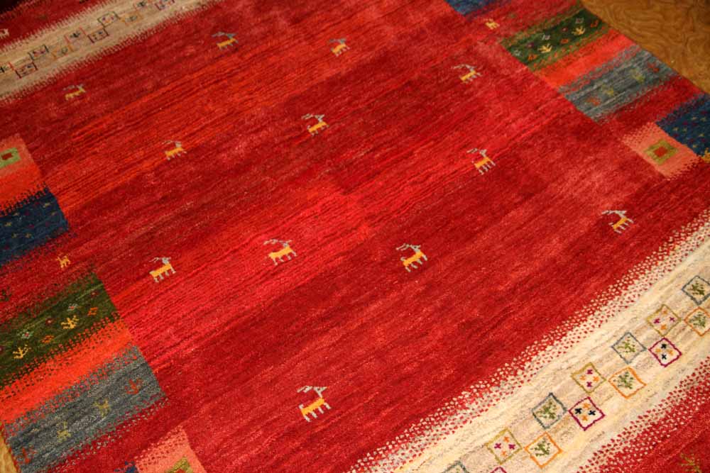 高品質イラン製赤いギャッベ手織りペルシャリビングギャッベ192197、サイズ：245x175 CM (フサ含まず）