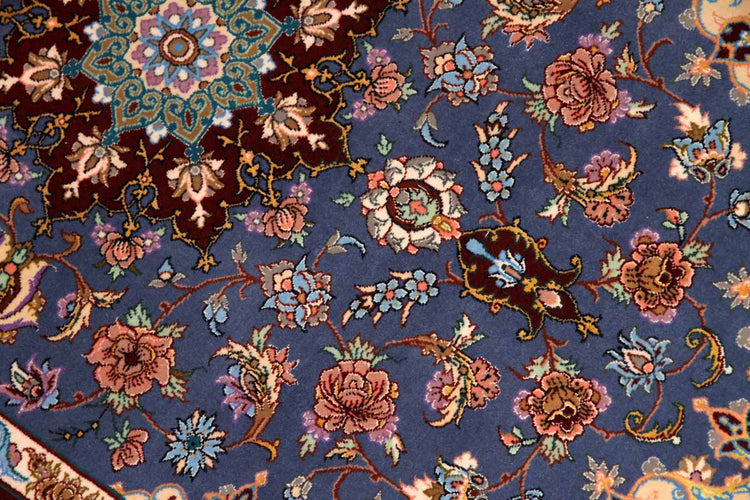 最高級手織りペルシャ絨毯イスファハン玄関マットブルー21113、サイズ：135ｘ90ｃｍ（フサ含まず）