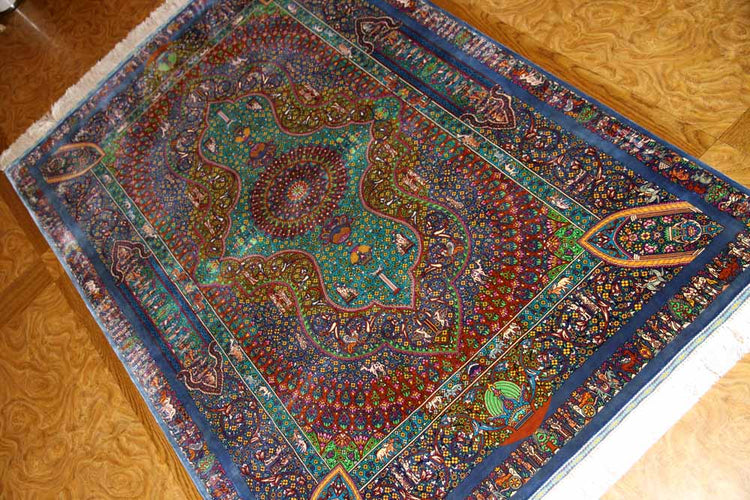 トップクラス手織りシルクペルシャ絨毯有名工房センターラグ60019、サイズ：153x103 CM (フサ含まず)