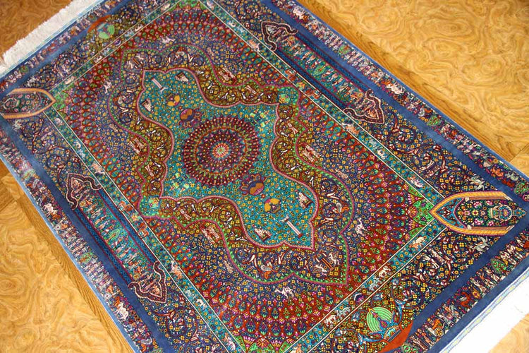 トップクラス手織りシルクペルシャ絨毯有名工房センターラグ60019、サイズ：153x103 CM (フサ含まず)