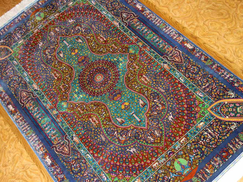 トップクラス手織りシルクペルシャ絨毯有名工房センターラグ60019、サイズ：153x103 CM (フサ含まず)