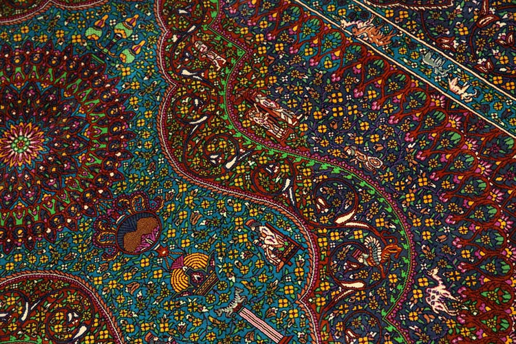 トップクラス手織りシルクペルシャ絨毯有名工房センターラグ60019、サイズ：153x103 CM (フサ含まず)
