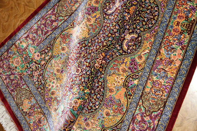 有名工房のジャムシディーセンターラグ、ペルシャ絨毯クム60027、サイズ：148x97 CM (フサ含まず)