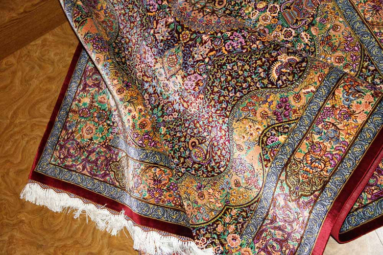 有名工房のジャムシディーセンターラグ、ペルシャ絨毯クム60027、サイズ：148x97 CM (フサ含まず)