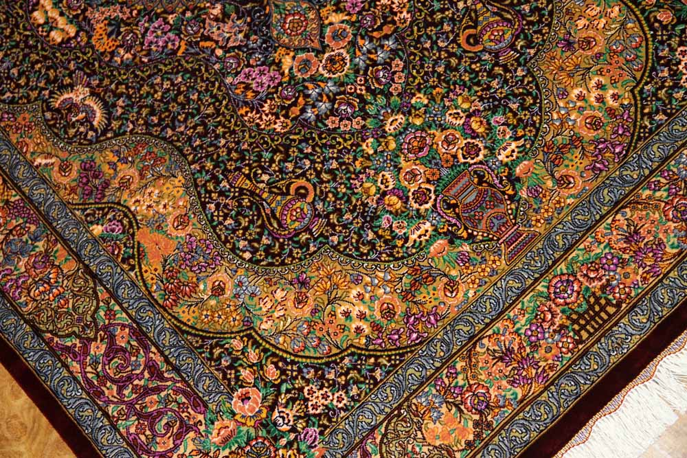 有名工房のジャムシディーセンターラグ、ペルシャ絨毯クム60027、サイズ：148x97 CM (フサ含まず)