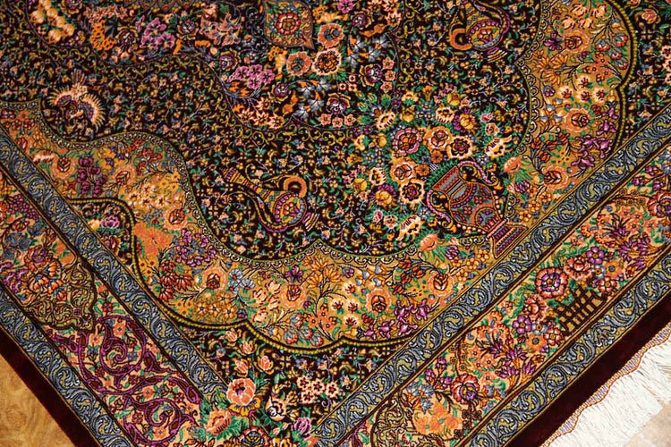有名工房のジャムシディーセンターラグ、ペルシャ絨毯クム60027、サイズ：148x97 CM (フサ含まず)