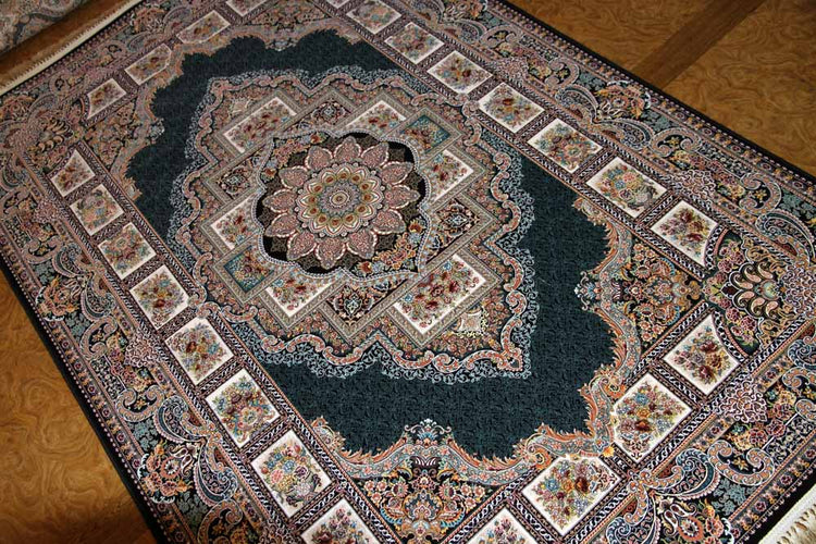 最高級機械織りペルシャカーペットメダリオン紺色990077D,サイズ：225x150 CM （フサを含まず）