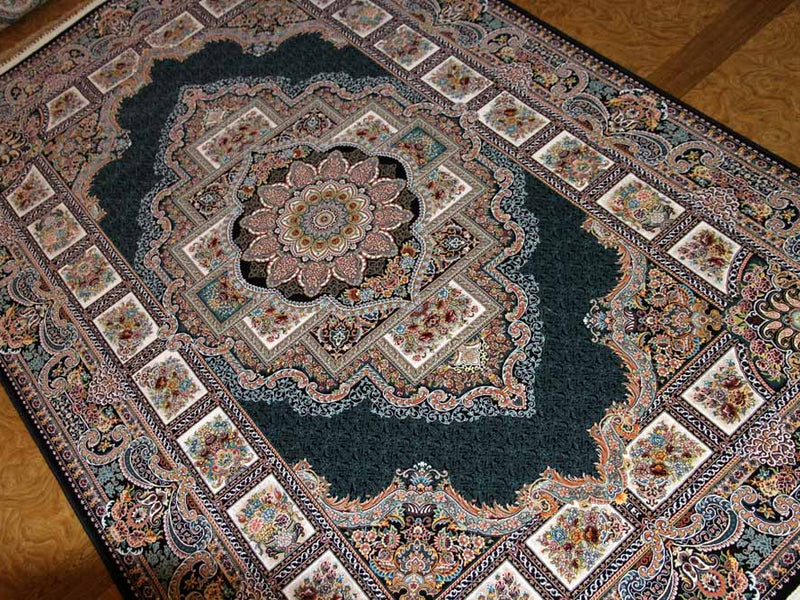 最高級機械織りペルシャカーペットメダリオン紺色990077D,サイズ：225x150 CM （フサを含まず）