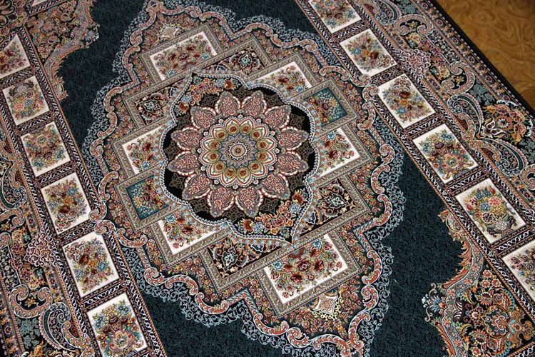 最高級機械織りペルシャカーペットメダリオン紺色990077D,サイズ：225x150 CM （フサを含まず）