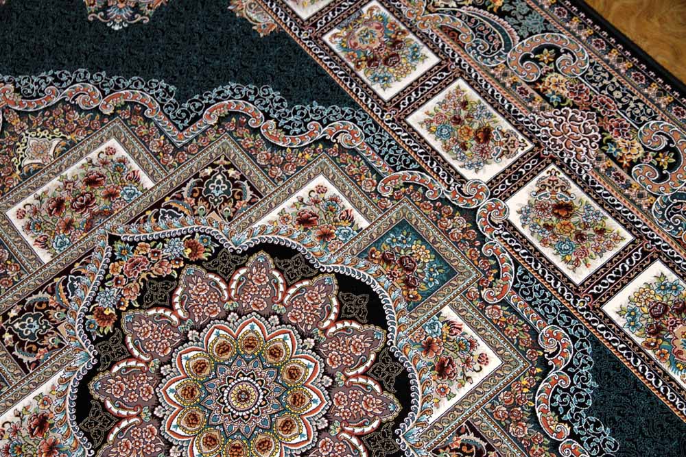 最高級機械織りペルシャカーペットメダリオン紺色990077D,サイズ：225x150 CM （フサを含まず）