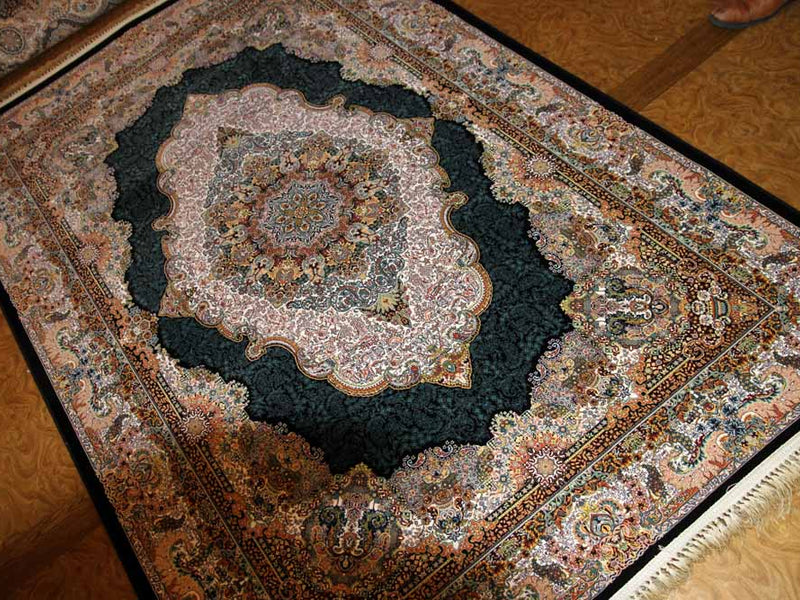最高級機械織りペルシャカーペットメダリオン紺色990078E,サイズ：225x150 CM （フサを含まず）