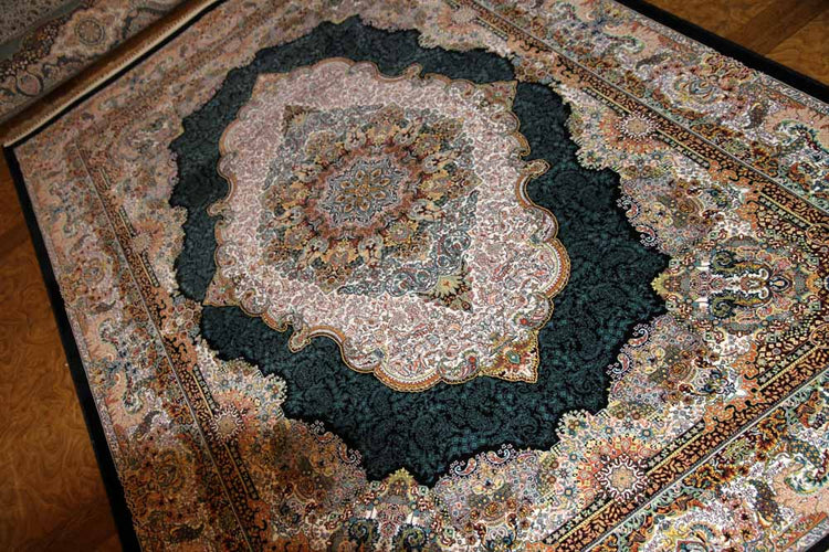 最高級機械織りペルシャカーペットメダリオン紺色990078E,サイズ：225x150 CM （フサを含まず）