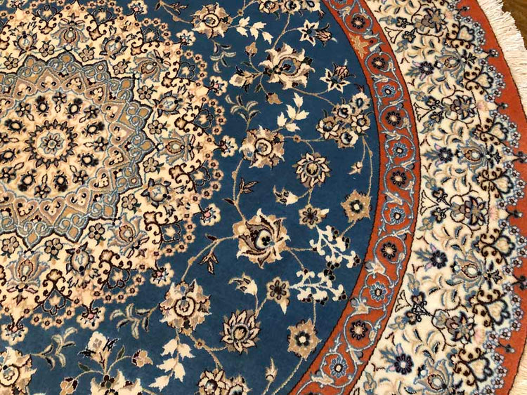 丸いセンターラグペルシャ絨毯、円形のブルー色ナイン産1810156 サイズ：円形　直径166x166CM