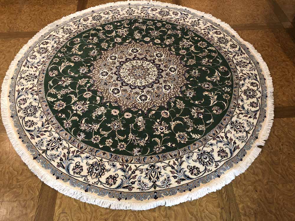 円形のじゅうたん、手織りペルシャ絨毯の丸グリーン188480、サイズ：円形　直径203x203 CM
