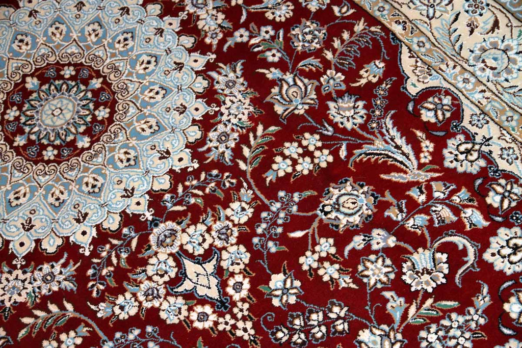 手織りイラン製リビングラグ、ペルシャ絨毯ナイン赤色21151、サイズ：234ｘ145 cm