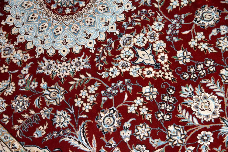 手織りイラン製リビングラグ、ペルシャ絨毯ナイン赤色21151、サイズ：234ｘ145 cm