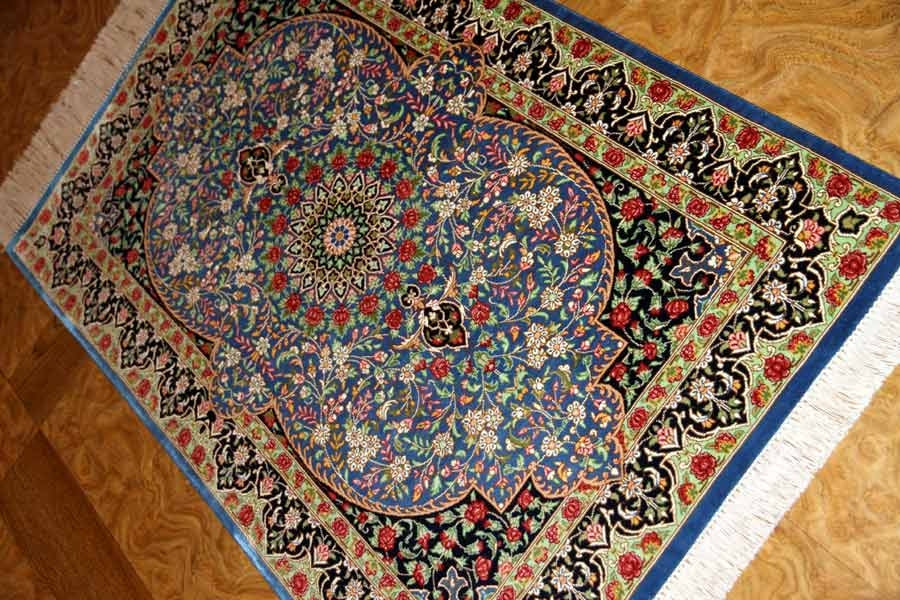 シルクのペルシャ絨毯玄関マットブルー色56041、イラン輸入、サイズ： 98x60 CM
