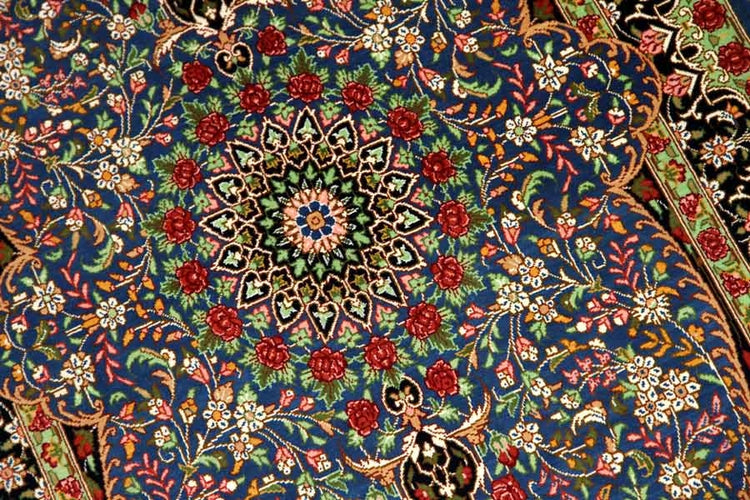 シルクのペルシャ絨毯玄関マットブルー色56041、イラン輸入、サイズ： 98x60 CM