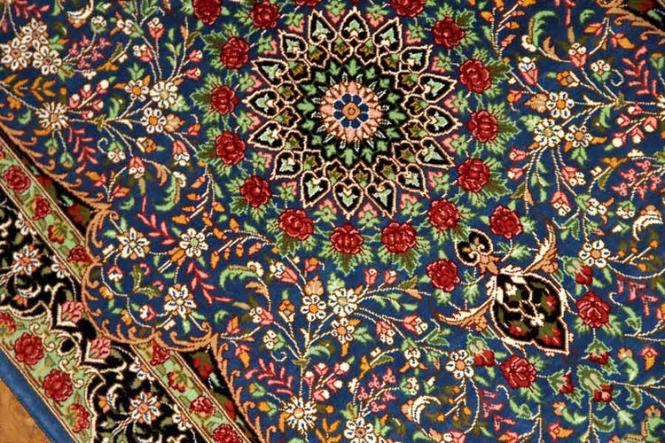 シルクのペルシャ絨毯玄関マットブルー色56041、イラン輸入、サイズ： 98x60 CM