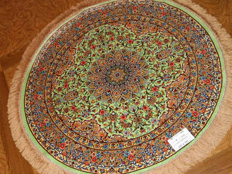 ペルシャ絨毯の丸、シルク手織りクム産地2456261、サイズ： 101ｘ101ｃｍ