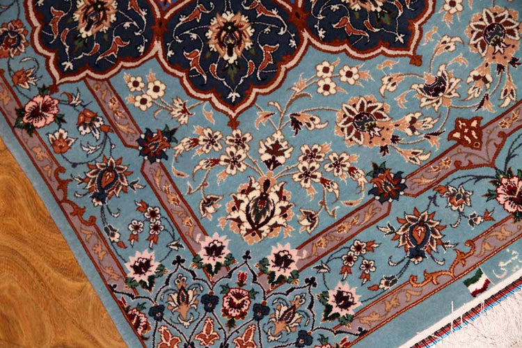 最高級手織りペルシャ絨毯イスファハン玄関マットブルー2443781、サイズ：126ｘ86ｃｍ（フサ含まず）