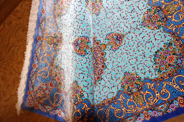 最高級手織りシルクペルシャ絨毯玄関マットクム248236、サイズ：118x80 CM