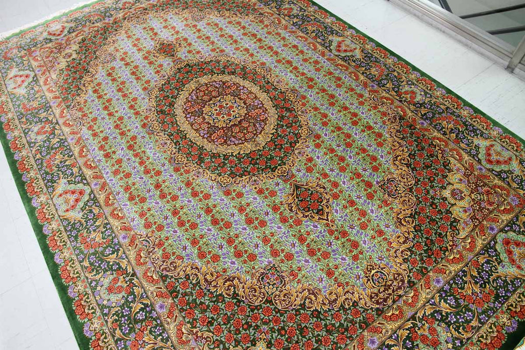 最高級手織りシルクリビングペルシャ絨毯6平米555601、絹じゅうたん,サイズ：300ｘ200　CM　(フサ含まず）