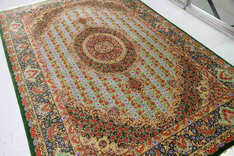 最高級手織りシルクリビングペルシャ絨毯6平米555601、絹じゅうたん,サイズ：300ｘ200　CM　(フサ含まず）