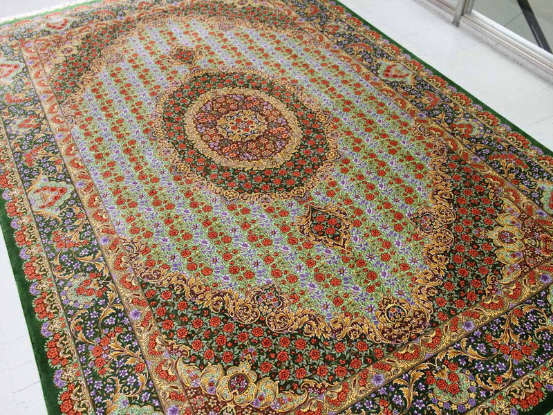 最高級手織りシルクリビングペルシャ絨毯6平米555601、絹じゅうたん,サイズ：300ｘ200　CM　(フサ含まず）