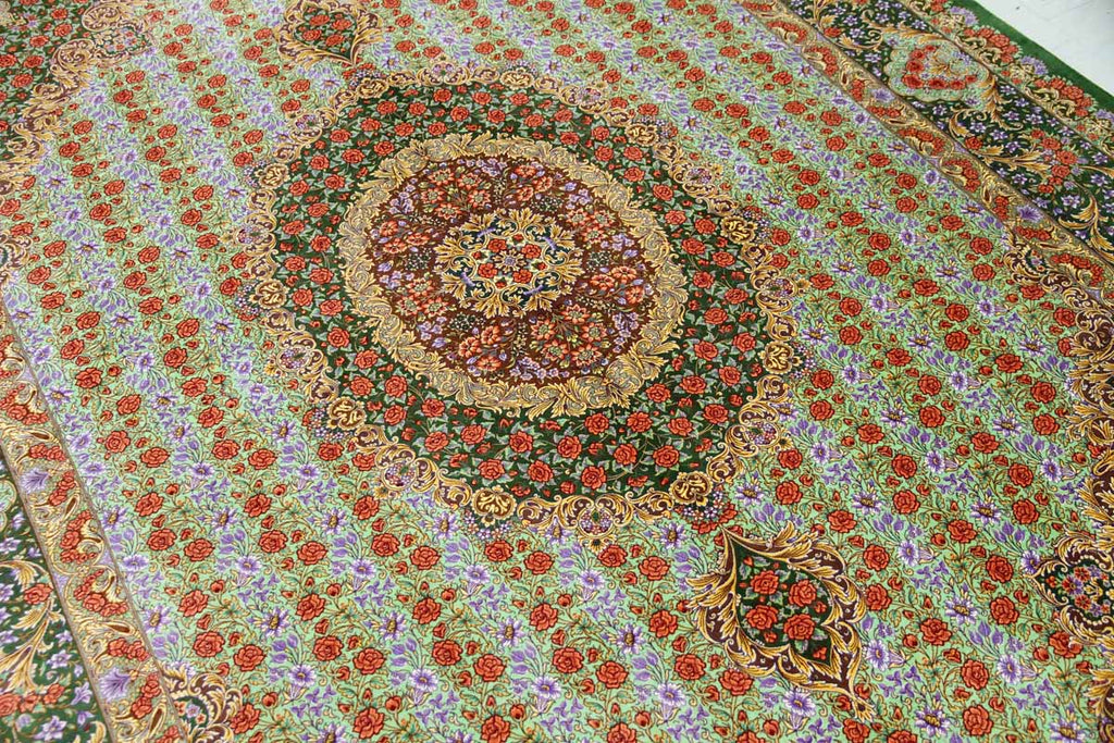 最高級手織りシルクリビングペルシャ絨毯6平米555601、絹じゅうたん,サイズ：300ｘ200　CM　(フサ含まず）