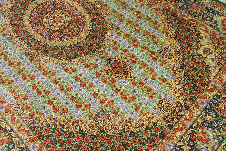 最高級手織りシルクリビングペルシャ絨毯6平米555601、絹じゅうたん,サイズ：300ｘ200　CM　(フサ含まず）