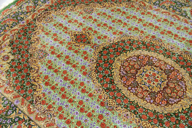 最高級手織りシルクリビングペルシャ絨毯6平米555601、絹じゅうたん,サイズ：300ｘ200　CM　(フサ含まず）