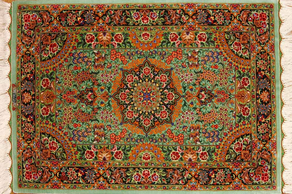 最高級手織りペルシャ絨毯クムシルク玄関マット75117、サイズ： 90x60 CM