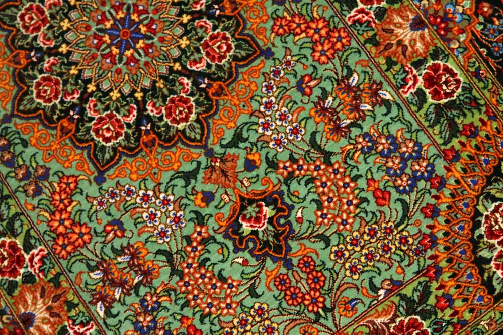 最高級手織りペルシャ絨毯クムシルク玄関マット75117、サイズ： 90x60 CM